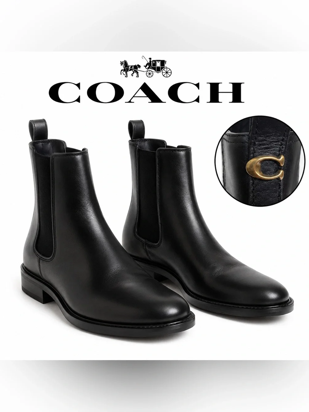 Coach Men’s Black Leather Chelsea Boots C Hardware Pull Tab US 8